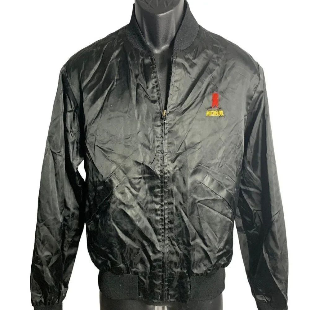 Vintage 80s Michelob Beer Satin Bomber Jacket M Black Full Zipper Pockets